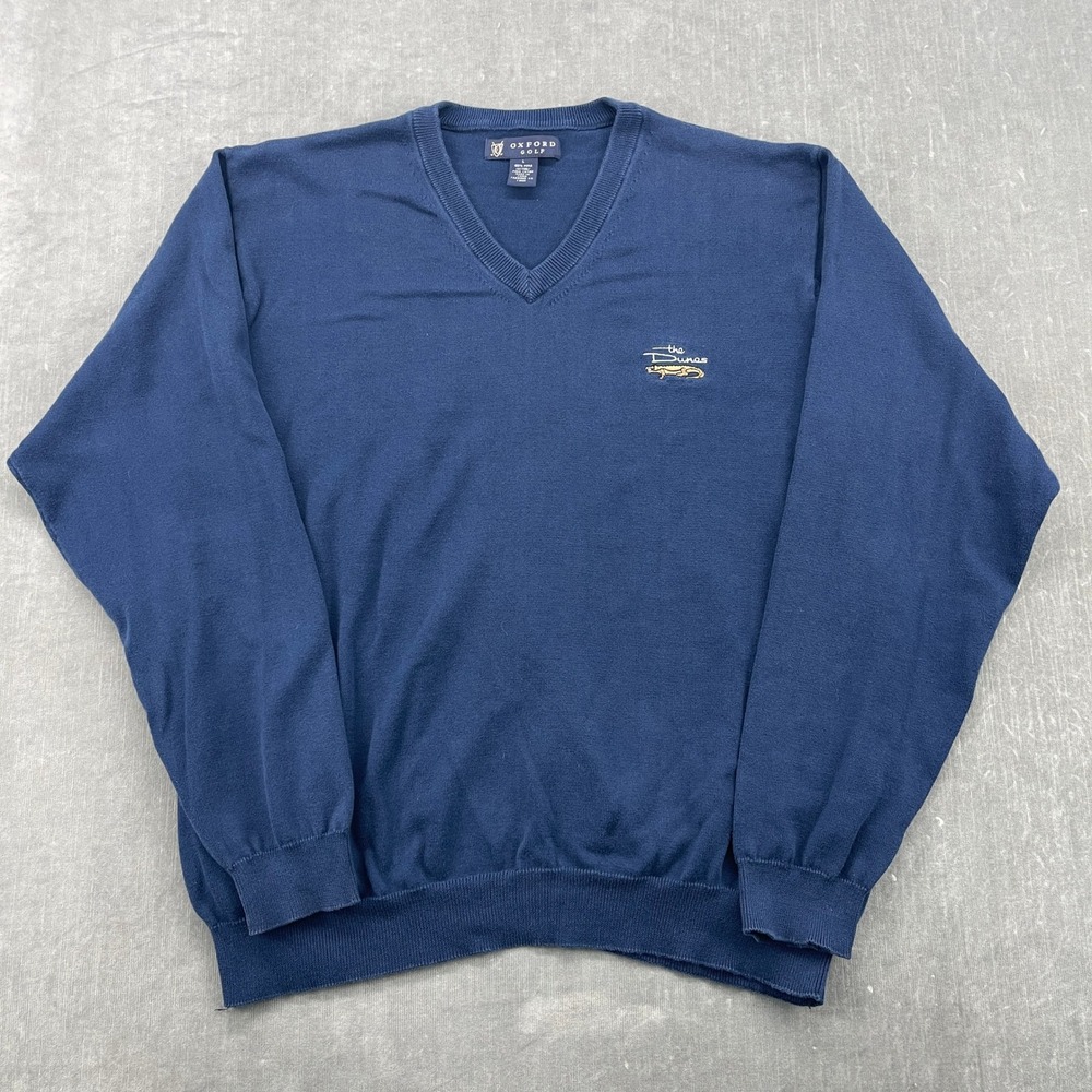The Dunes Oxford Golf Mens L Navy Blue V-Neck Sweater Pima Cotton Logo Pullover‎